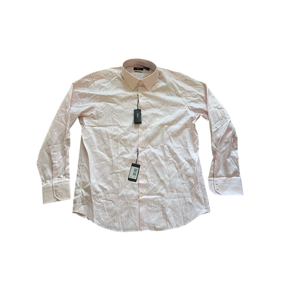 NWT BOSS HUGO Boss Pink Dress Shirt Regular Fit Sz 17 L 34/35 Mens Stripes